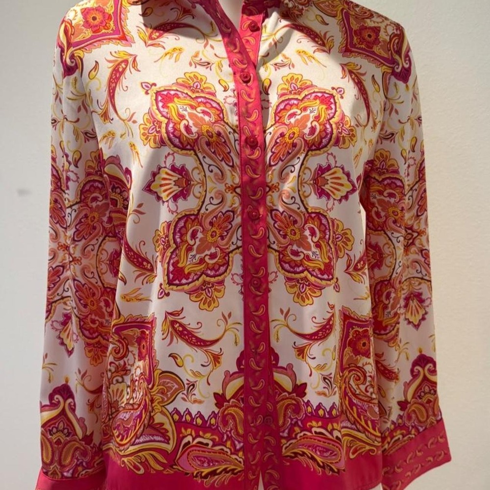 Rachel Zoe silk blouse with red, orange, and pink paisley design